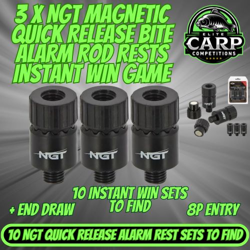 3 X NGT MAGNETIC QUICK RELEASE BITE ALARM ROD REST INSTANT WIN GAME + END DRAW