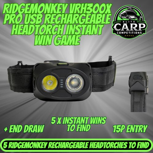 RIDGEMONKEY VRH300X PRO USB RECHARGEABLE HEADTORCH INSTANT WIN GAME + END DRAW