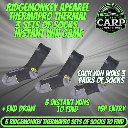 RIDGEMONKEY APEAREL THERMAPRO THERMAL SOCKS INSTANT WIN GAME + END DRAW
